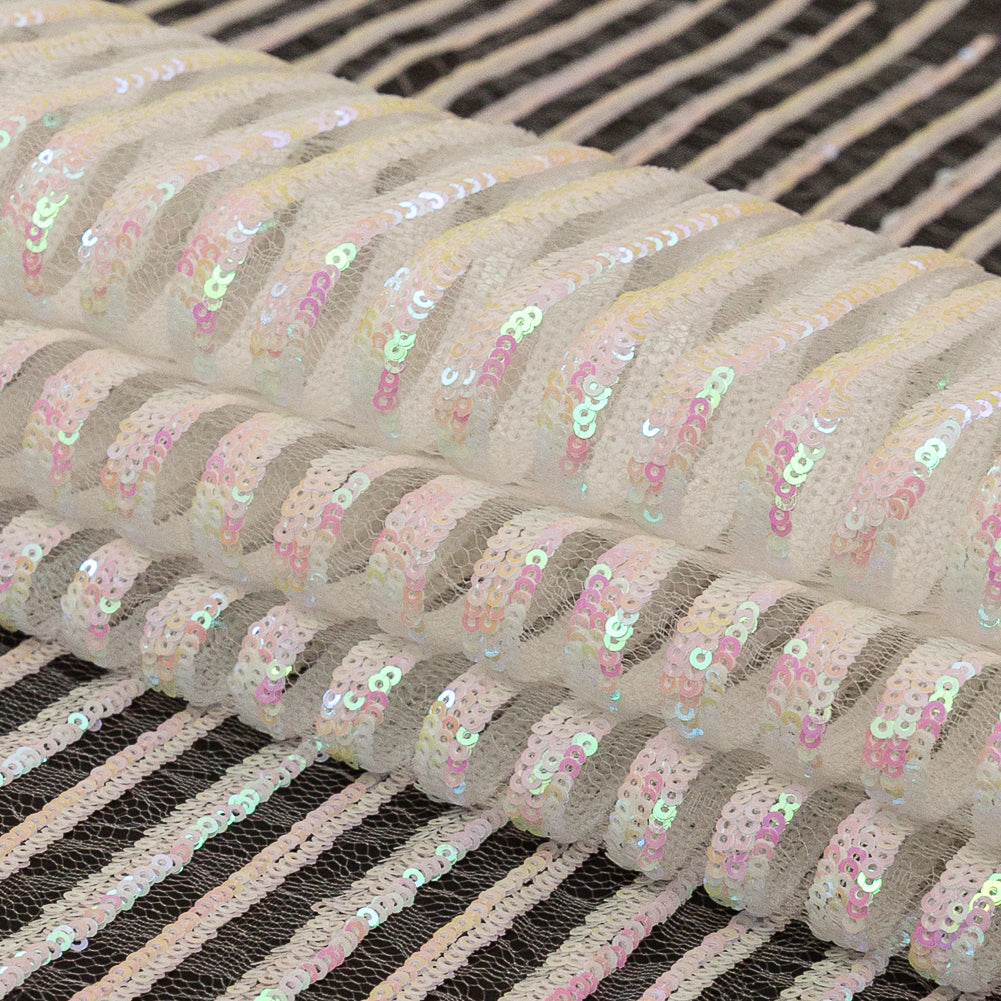 Netting with Baby Sequins - Flamingo Pink and Green Iridescent Stripes on White Folded Netting with Baby Sequins - Flamingo Pink and Green Iridescent Stripes on White Folded