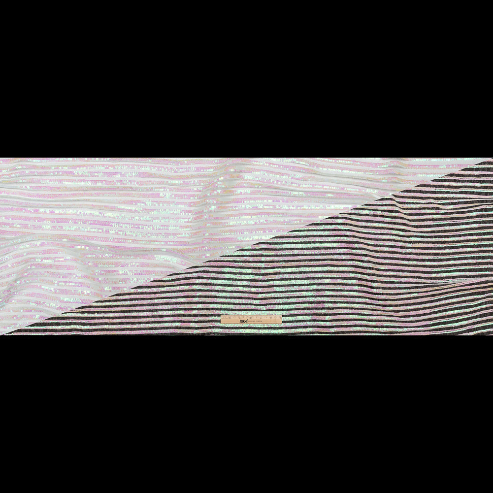 Netting with Baby Sequins - Flamingo Pink and Green Iridescent Stripes on White Full Netting with Baby Sequins - Flamingo Pink and Green Iridescent Stripes on White Full