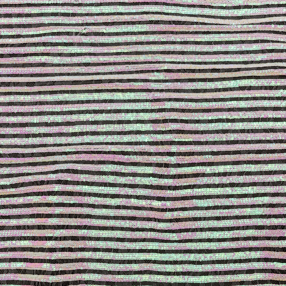 Netting with Baby Sequins - Flamingo Pink and Green Iridescent Stripes on White Netting with Baby Sequins - Flamingo Pink and Green Iridescent Stripes on White