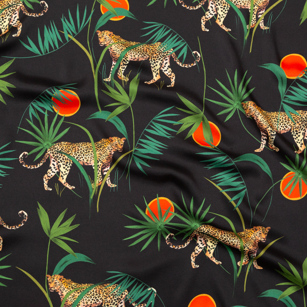 Milly Black and Green Tropical Leaves and Leopards Polyester Twill Milly Black and Green Tropical Leaves and Leopards Polyester Twill