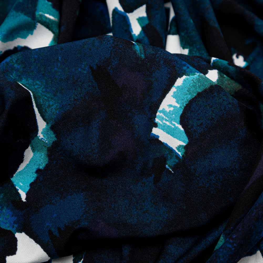 Shaded Spruce, Baleine Blue and White Abstract Printed Polyester Jersey Detail Shaded Spruce, Baleine Blue and White Abstract Printed Polyester Jersey Detail