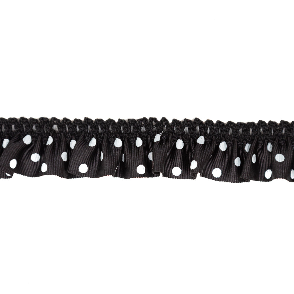 European Black and White Polka Dot Ruffled Stretch Grosgrain .875" Detail