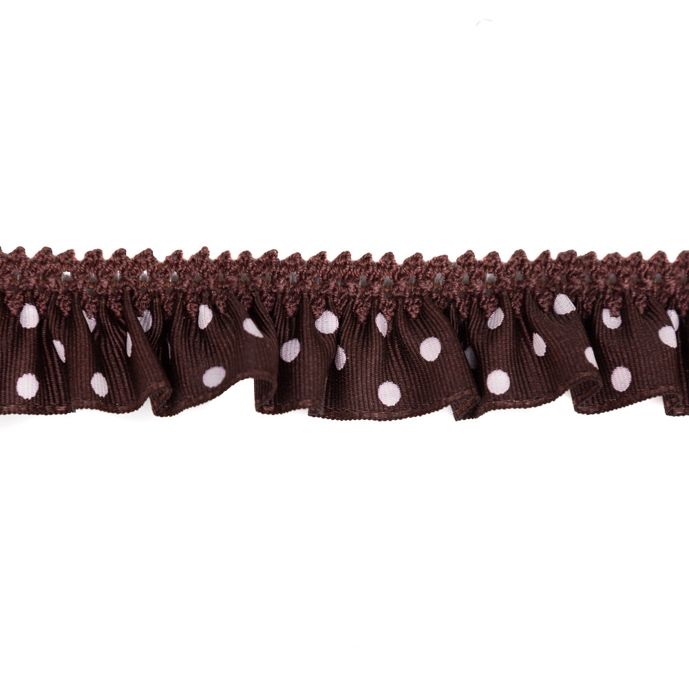 European Brown and White Polka Dot Ruffled Stretch Grosgrain .875" Detail European Brown and White Polka Dot Ruffled Stretch Grosgrain .875" Detail
