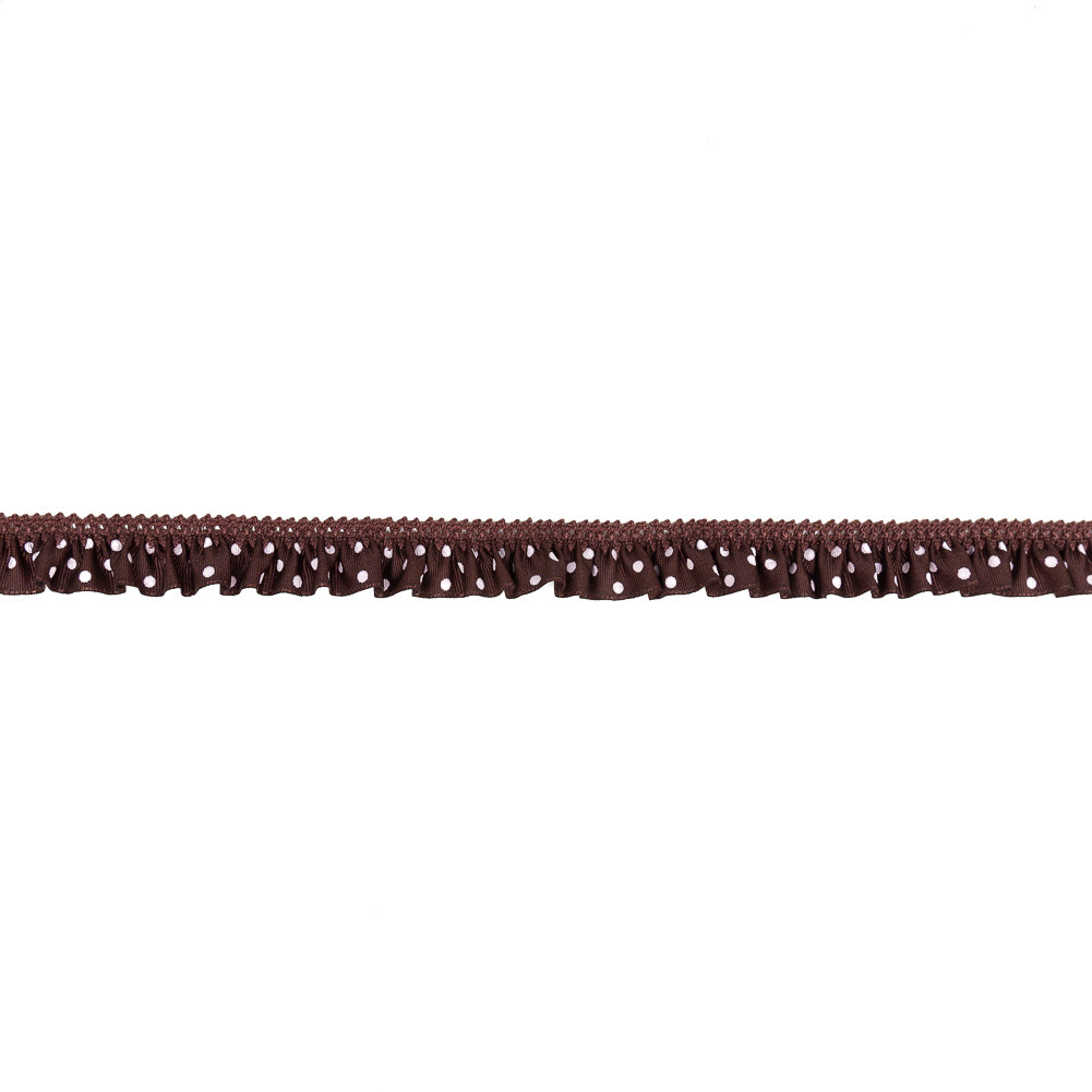 European Brown and White Polka Dot Ruffled Stretch Grosgrain .875" European Brown and White Polka Dot Ruffled Stretch Grosgrain .875"