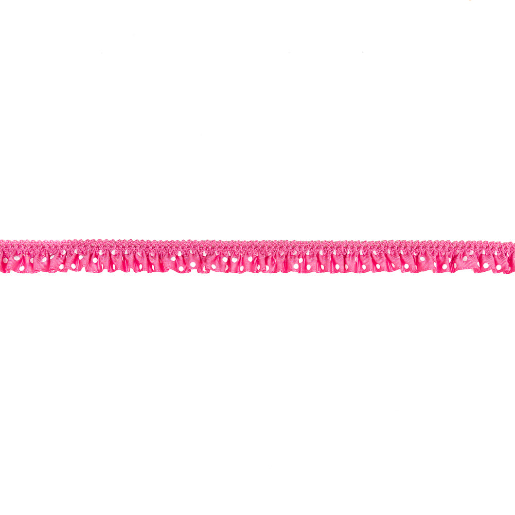 European Pink and White Polka Dot Ruffled Stretch Grosgrain .875" European Pink and White Polka Dot Ruffled Stretch Grosgrain .875"
