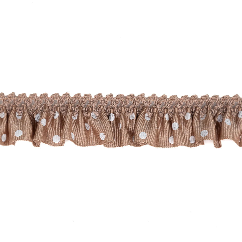 European Light Brown and White Polka Dot Ruffled Stretch Grosgrain .875" Detail European Light Brown and White Polka Dot Ruffled Stretch Grosgrain .875" Detail