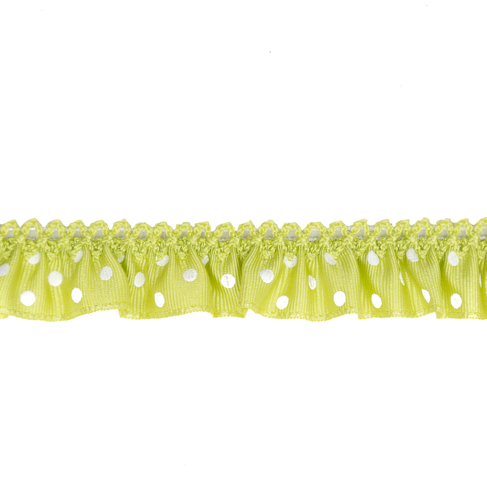 European Green and White Polka Dot Ruffled Stretch Grosgrain .875" Detail European Green and White Polka Dot Ruffled Stretch Grosgrain .875" Detail