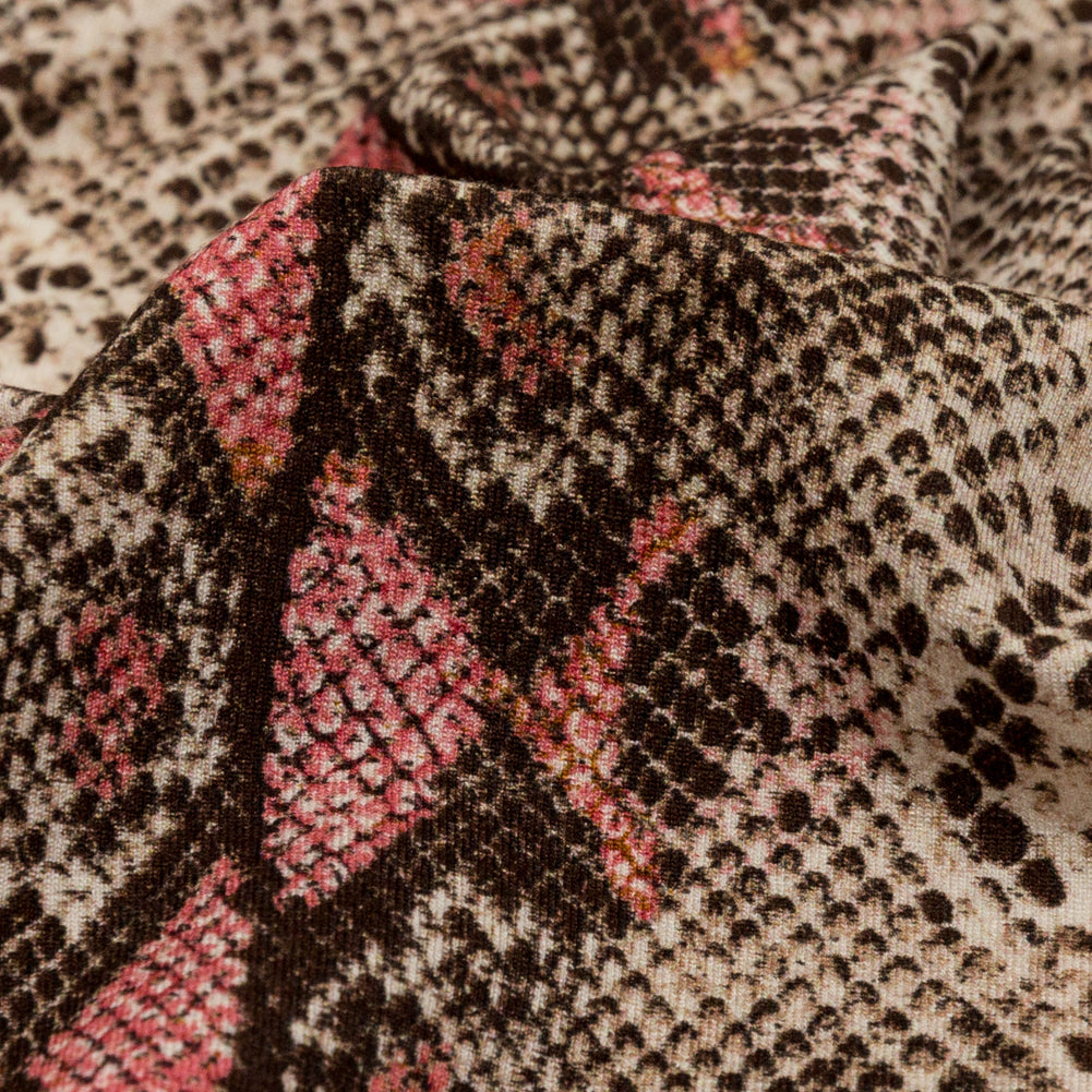 Italian Brown and Red Snakeskin Digitally Printed Viscose Jersey Detail Italian Brown and Red Snakeskin Digitally Printed Viscose Jersey Detail