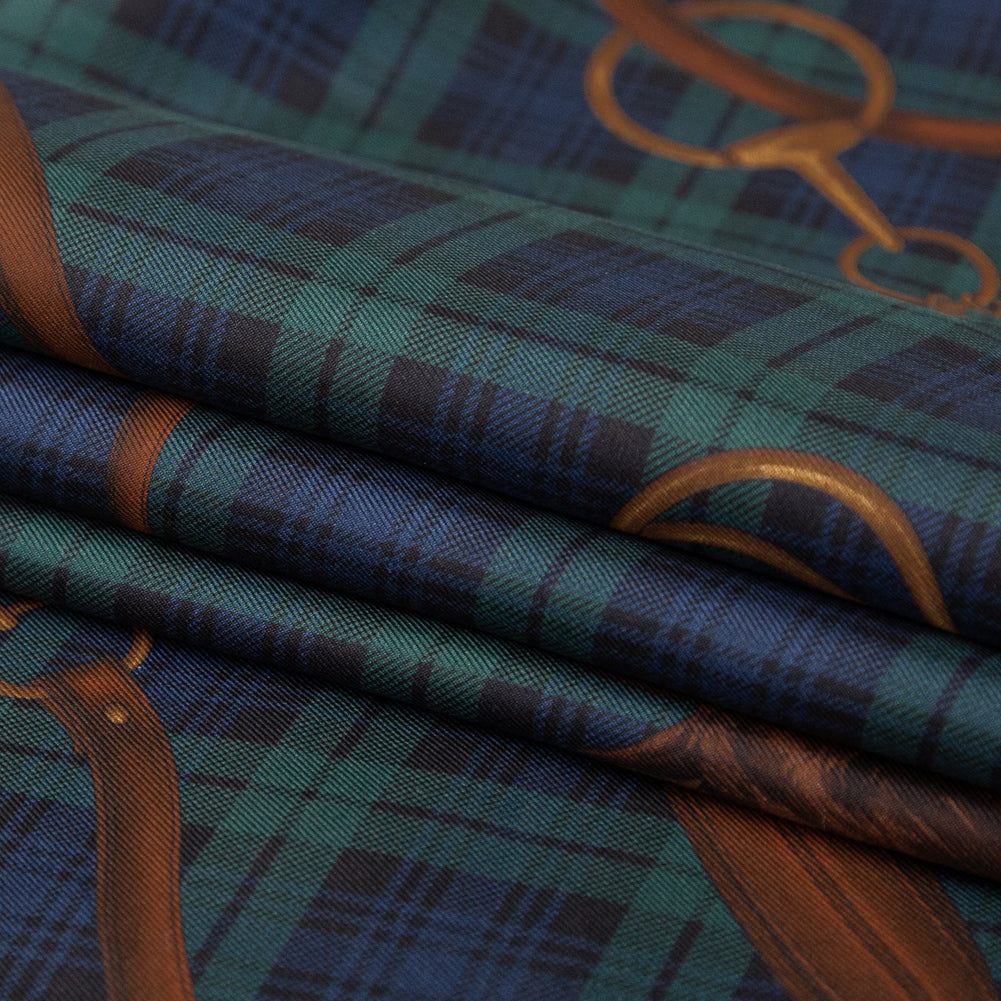 Ralph Lauren Navy and Pine Grove Plaid, Horses and Bridles Silk Twill Folded Ralph Lauren Navy and Pine Grove Plaid, Horses and Bridles Silk Twill Folded
