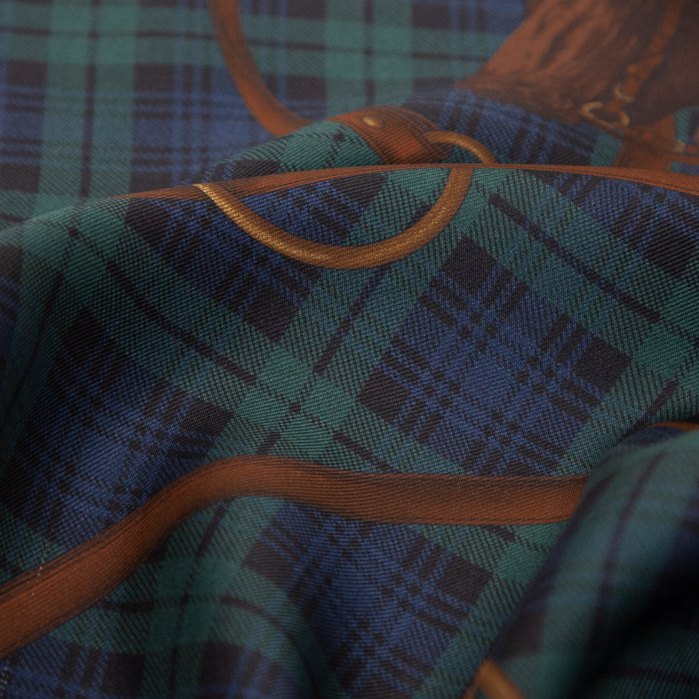 Ralph Lauren Navy and Pine Grove Plaid, Horses and Bridles Silk Twill Detail Ralph Lauren Navy and Pine Grove Plaid, Horses and Bridles Silk Twill Detail
