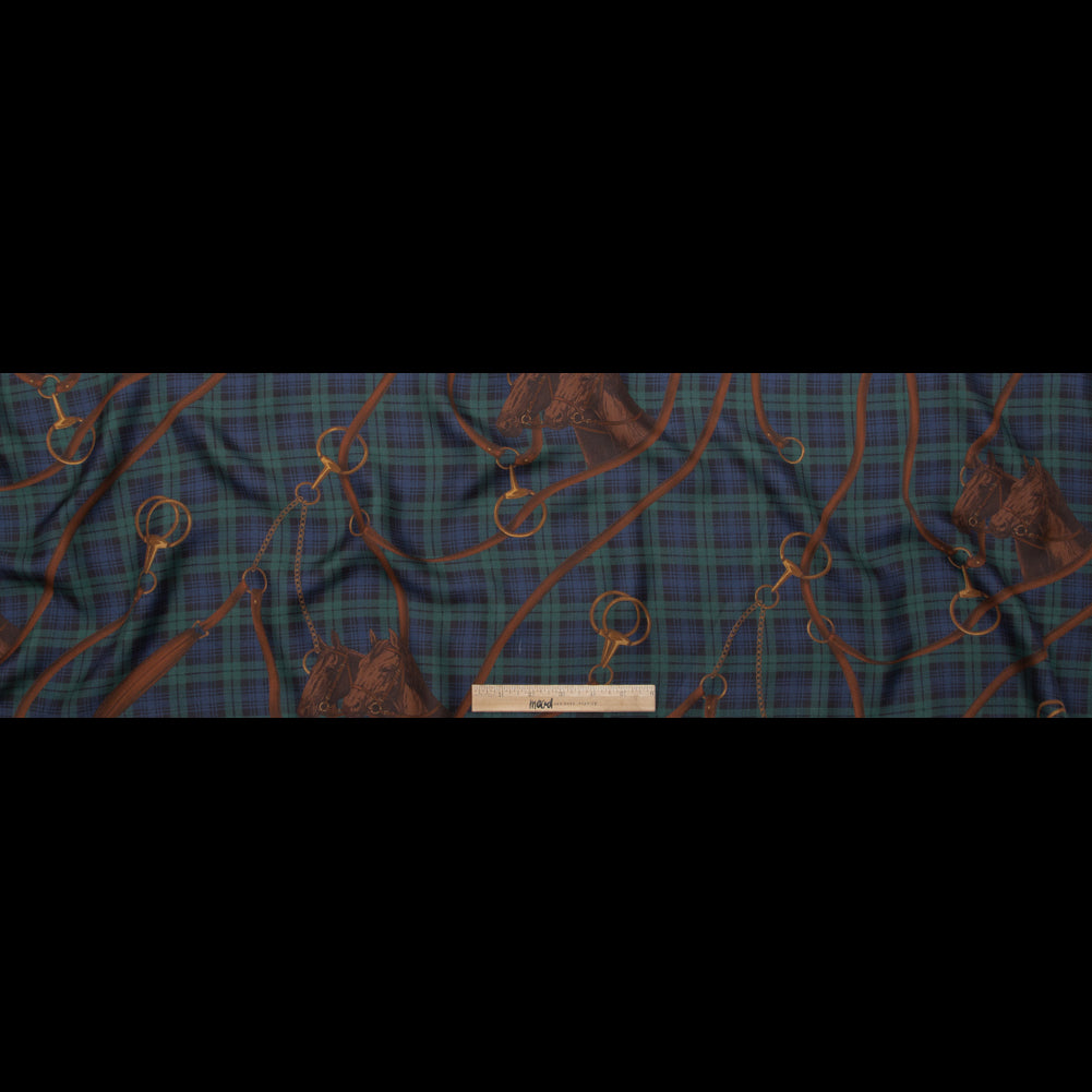 Ralph Lauren Navy and Pine Grove Plaid, Horses and Bridles Silk Twill Full Ralph Lauren Navy and Pine Grove Plaid, Horses and Bridles Silk Twill Full