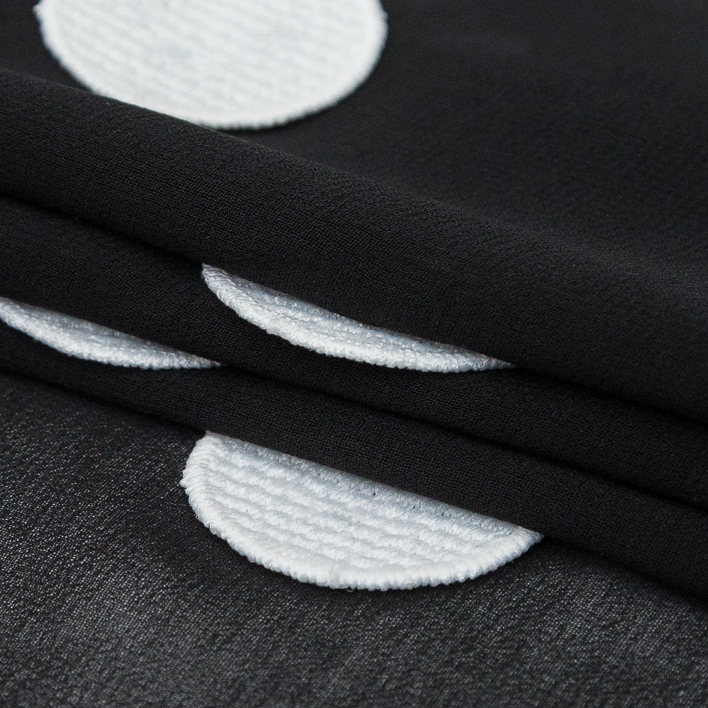 Italian Black Chiffon with 3D White Embroidered Polka Dots Folded Italian Black Chiffon with 3D White Embroidered Polka Dots Folded