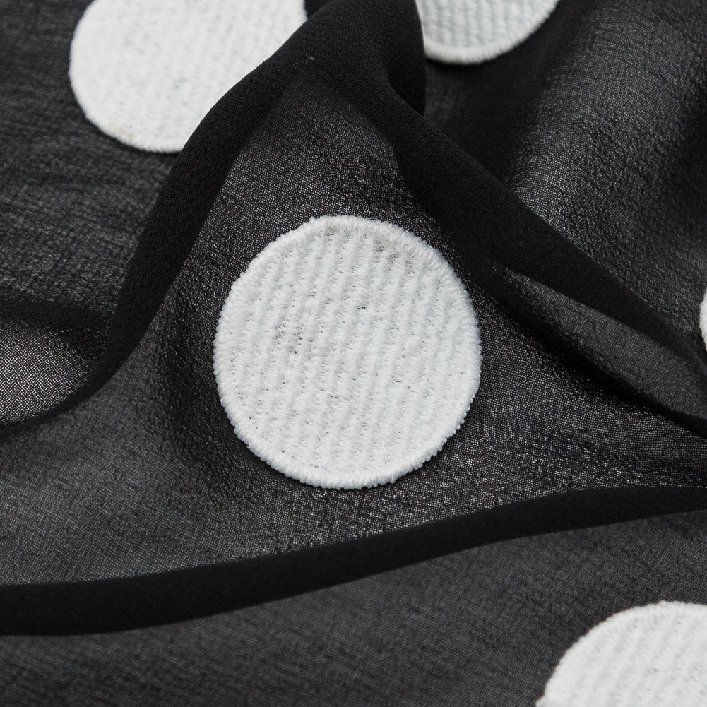 Italian Black Chiffon with 3D White Embroidered Polka Dots Detail Italian Black Chiffon with 3D White Embroidered Polka Dots Detail