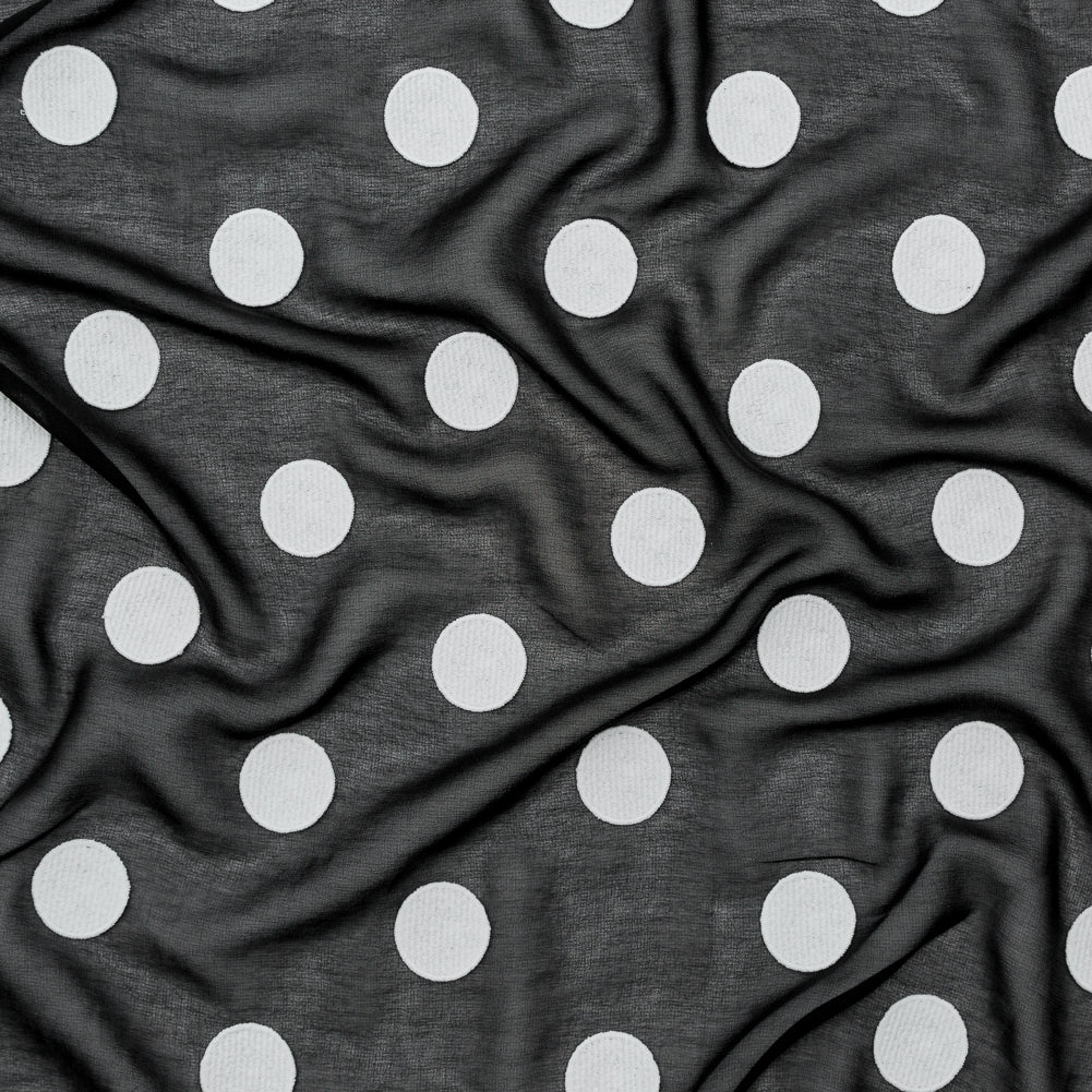 Italian Black Chiffon with 3D White Embroidered Polka Dots Italian Black Chiffon with 3D White Embroidered Polka Dots