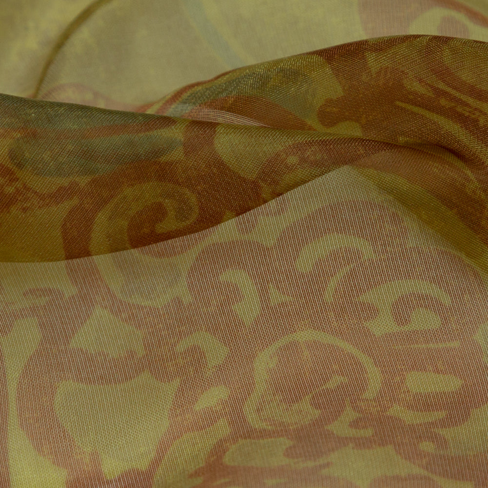 Rich Metallic Gold and Merlot Scroll Printed Organza Lame Detail Rich Metallic Gold and Merlot Scroll Printed Organza Lame Detail