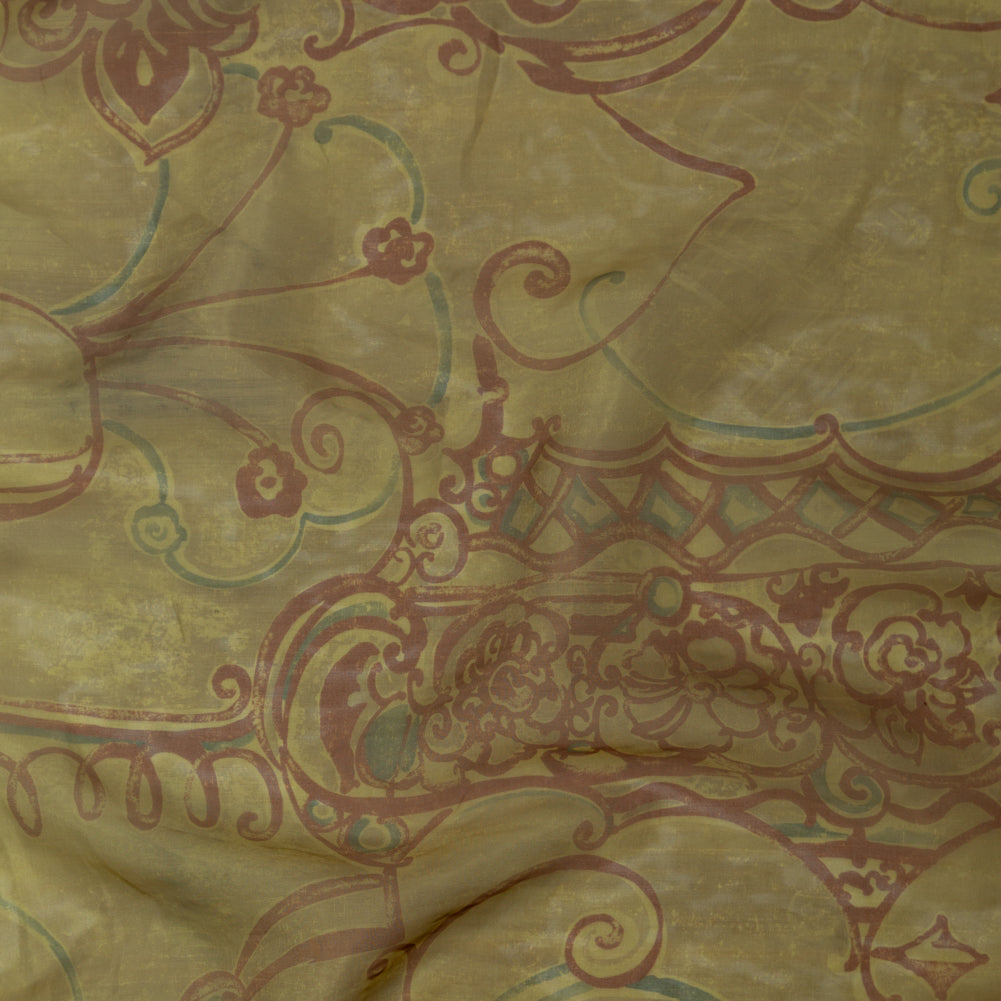 Rich Metallic Gold and Merlot Scroll Printed Organza Lame Rich Metallic Gold and Merlot Scroll Printed Organza Lame