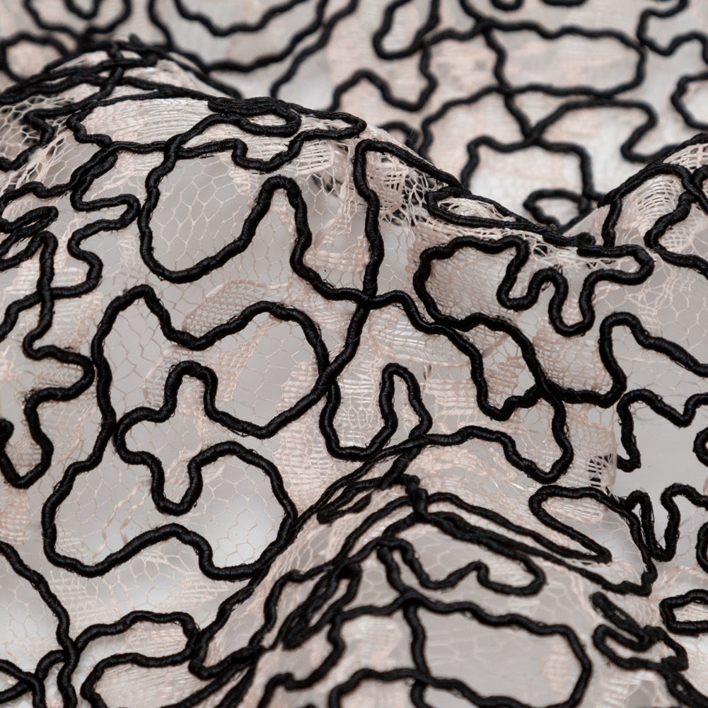 Peach Floral Chantilly Lace with Black Abstract Cording Detail Peach Floral Chantilly Lace with Black Abstract Cording Detail