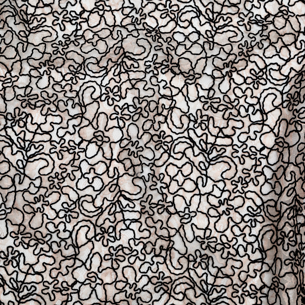 Peach Floral Chantilly Lace with Black Abstract Cording Peach Floral Chantilly Lace with Black Abstract Cording