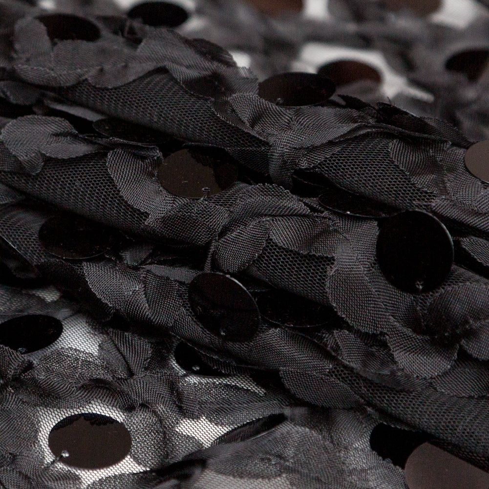 Italian Black 3D Floral Circle Paillette Sequined Tulle Folded Italian Black 3D Floral Circle Paillette Sequined Tulle Folded
