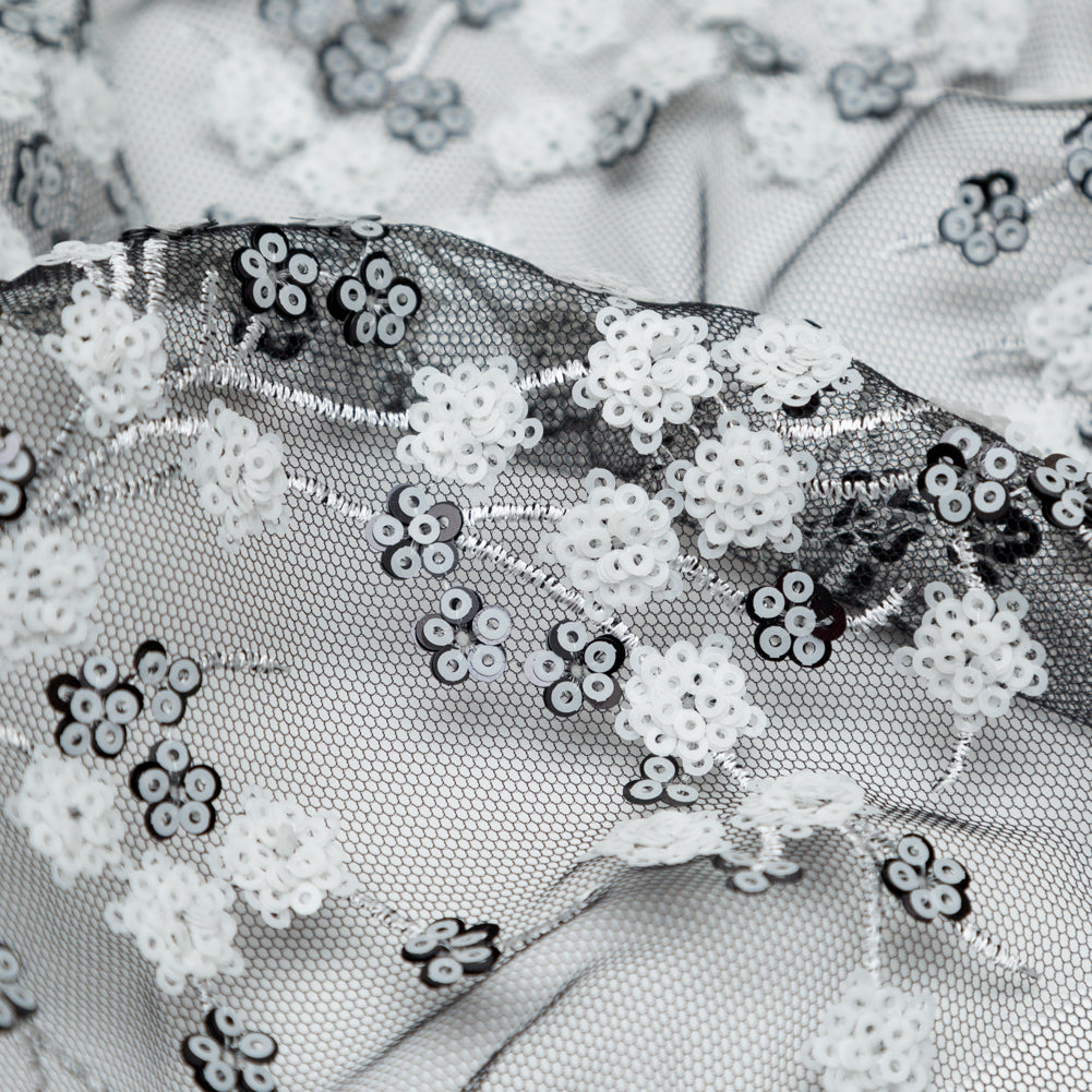 Stretch Net with Sequins - White Fancy Floral Clusters on Black Detail Stretch Net with Sequins - White Fancy Floral Clusters on Black Detail
