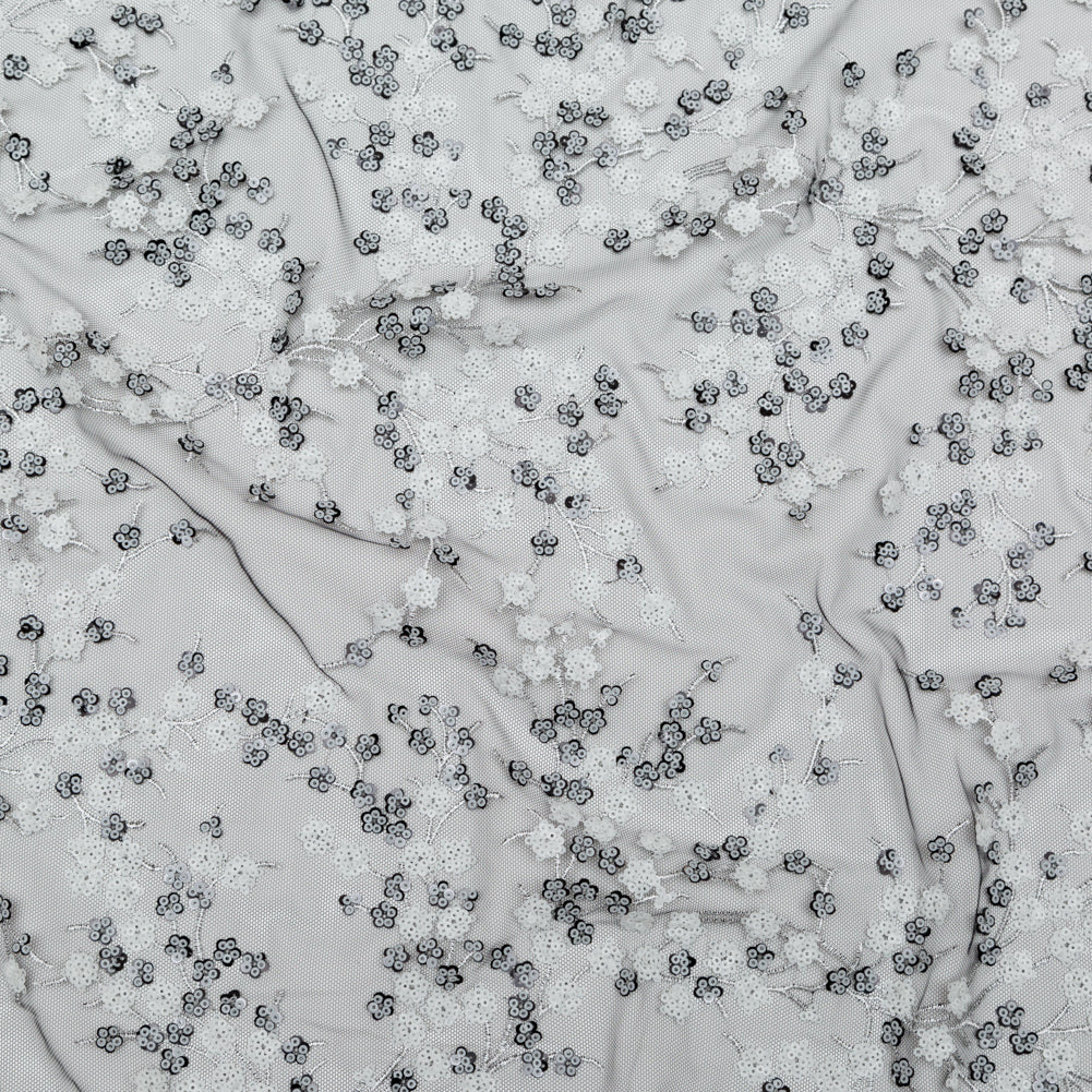 Stretch Net with Sequins - White Fancy Floral Clusters on Black Stretch Net with Sequins - White Fancy Floral Clusters on Black