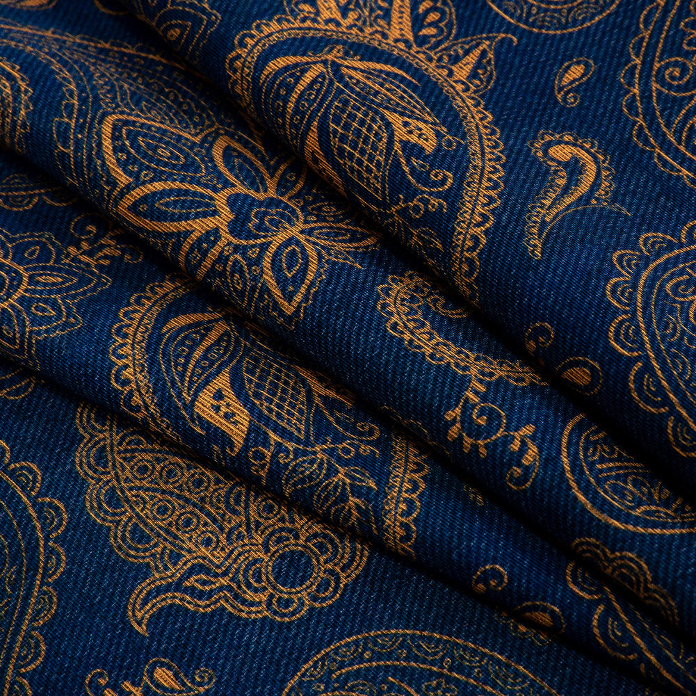 Estate Blue and Gold Paisley Caye UV Protective Compression Swimwear Tricot with Aloe Vera Microcapsules Folded Estate Blue and Gold Paisley Caye UV Protective Compression Swimwear Tricot with Aloe Vera Microcapsules Folded