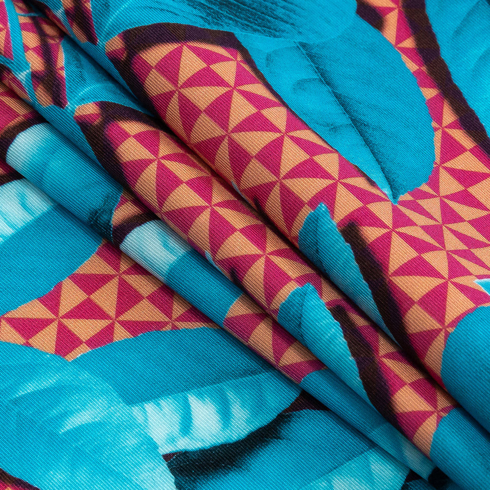 Compression Swimwear Tricot, UV Protective with Aloe Vera Microcapsules - Blue Leaves and Peach Pink Geometric - Caye Collection Folded Compression Swimwear Tricot, UV Protective with Aloe Vera Microcapsules - Blue Leaves and Peach Pink Geometric - Caye Collection Folded