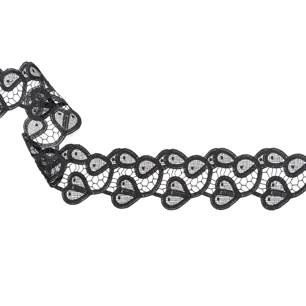 Italian Black Swirling Hearts Venise Lace Trim - 2.625" Italian Black Swirling Hearts Venise Lace Trim - 2.625"