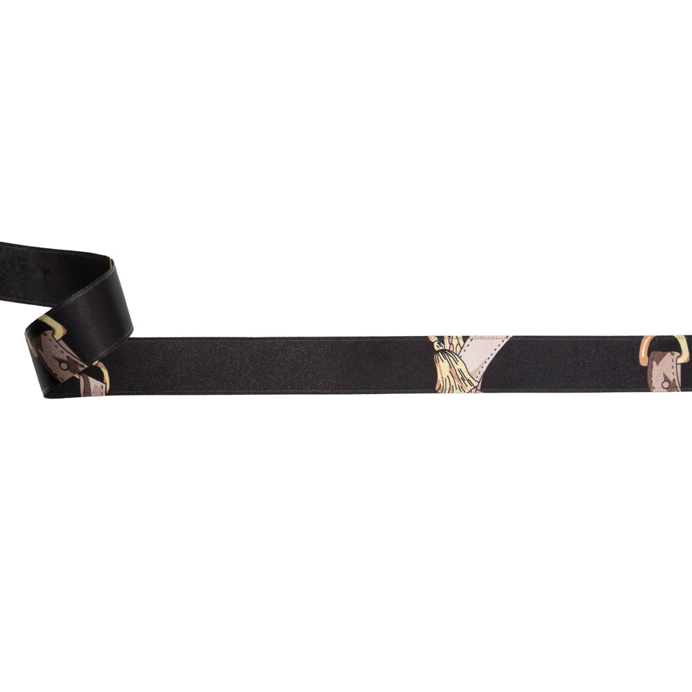 Italian Black and Gold Purse Straps and Chains Satin Ribbon - 1" Italian Black and Gold Purse Straps and Chains Satin Ribbon - 1"