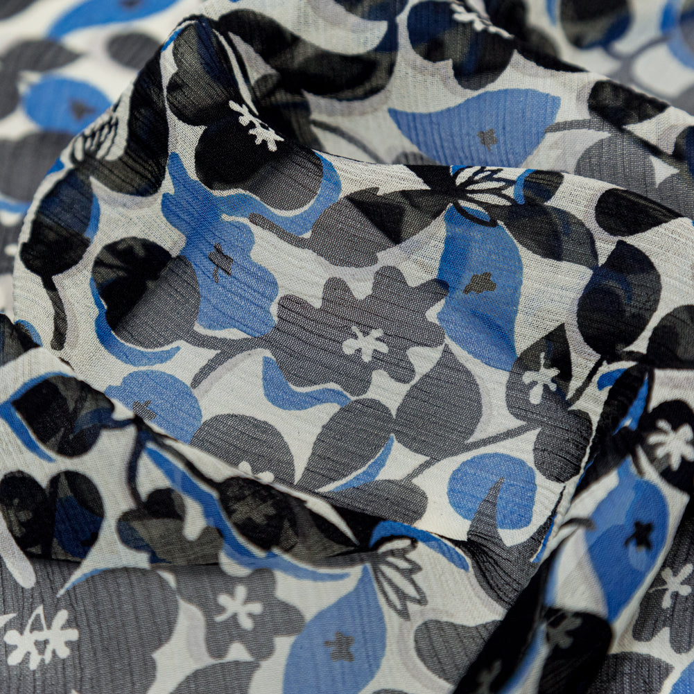 Famous NYC Designer Plum Kitten, Silver Birch and Marina Floral Crinkled Silk Chiffon Detail Famous NYC Designer Plum Kitten, Silver Birch and Marina Floral Crinkled Silk Chiffon Detail
