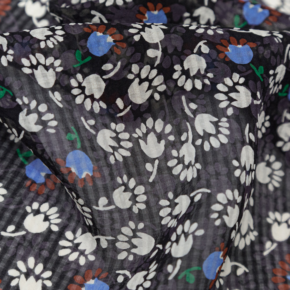 Famous NYC Designer Blackened Pearl, Jet Stream and Alaskan Blue Tossed Floral and Gingham Silk Georgette Detail Famous NYC Designer Blackened Pearl, Jet Stream and Alaskan Blue Tossed Floral and Gingham Silk Georgette Detail