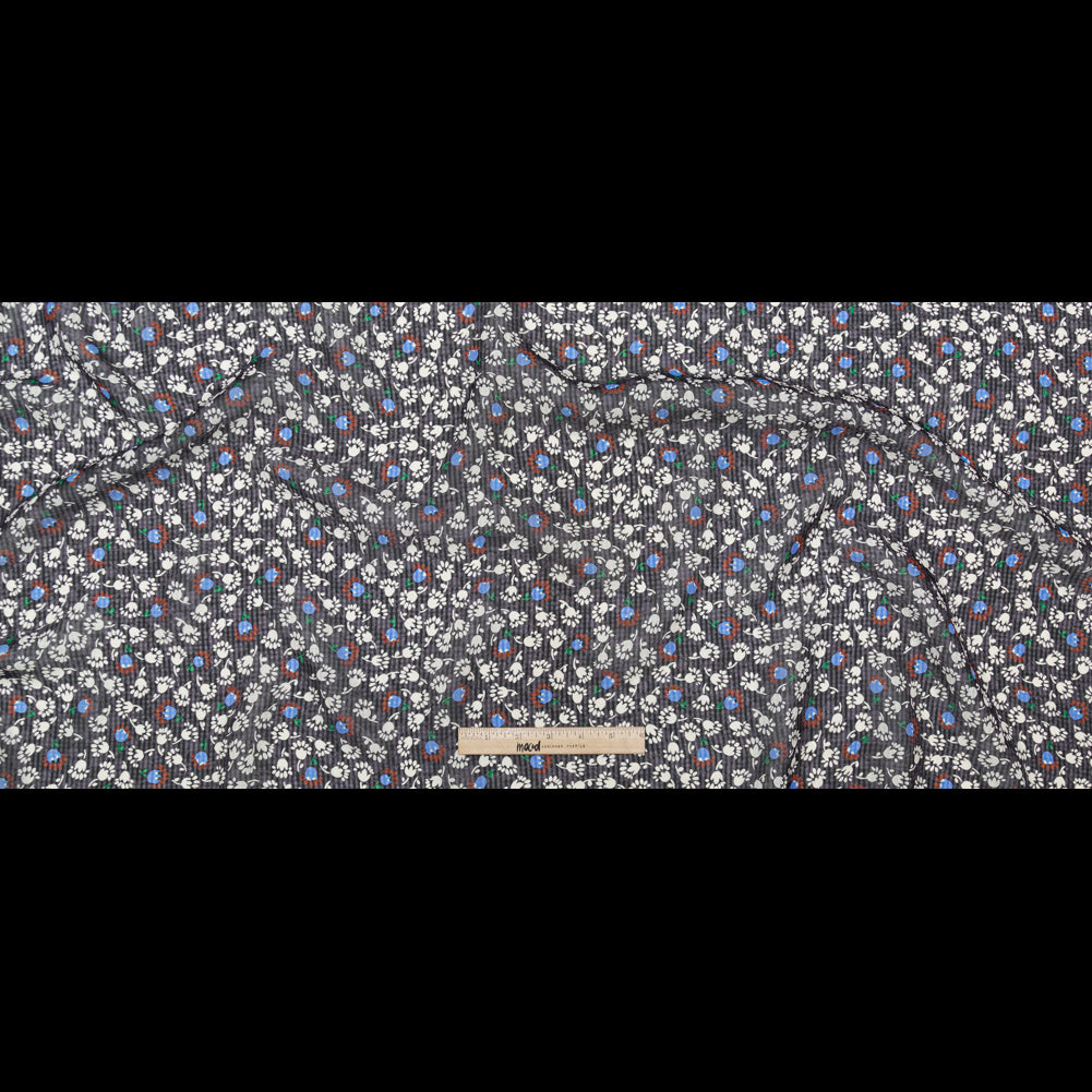 Famous NYC Designer Blackened Pearl, Jet Stream and Alaskan Blue Tossed Floral and Gingham Silk Georgette Full Famous NYC Designer Blackened Pearl, Jet Stream and Alaskan Blue Tossed Floral and Gingham Silk Georgette Full