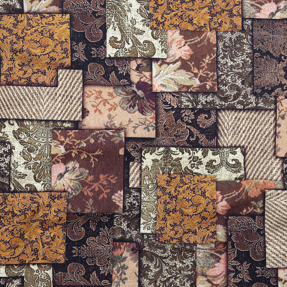 French Roast, Winter Twig and Castle Wall Patchwork Floral and Lace Printed Stretch Cotton Twill French Roast, Winter Twig and Castle Wall Patchwork Floral and Lace Printed Stretch Cotton Twill