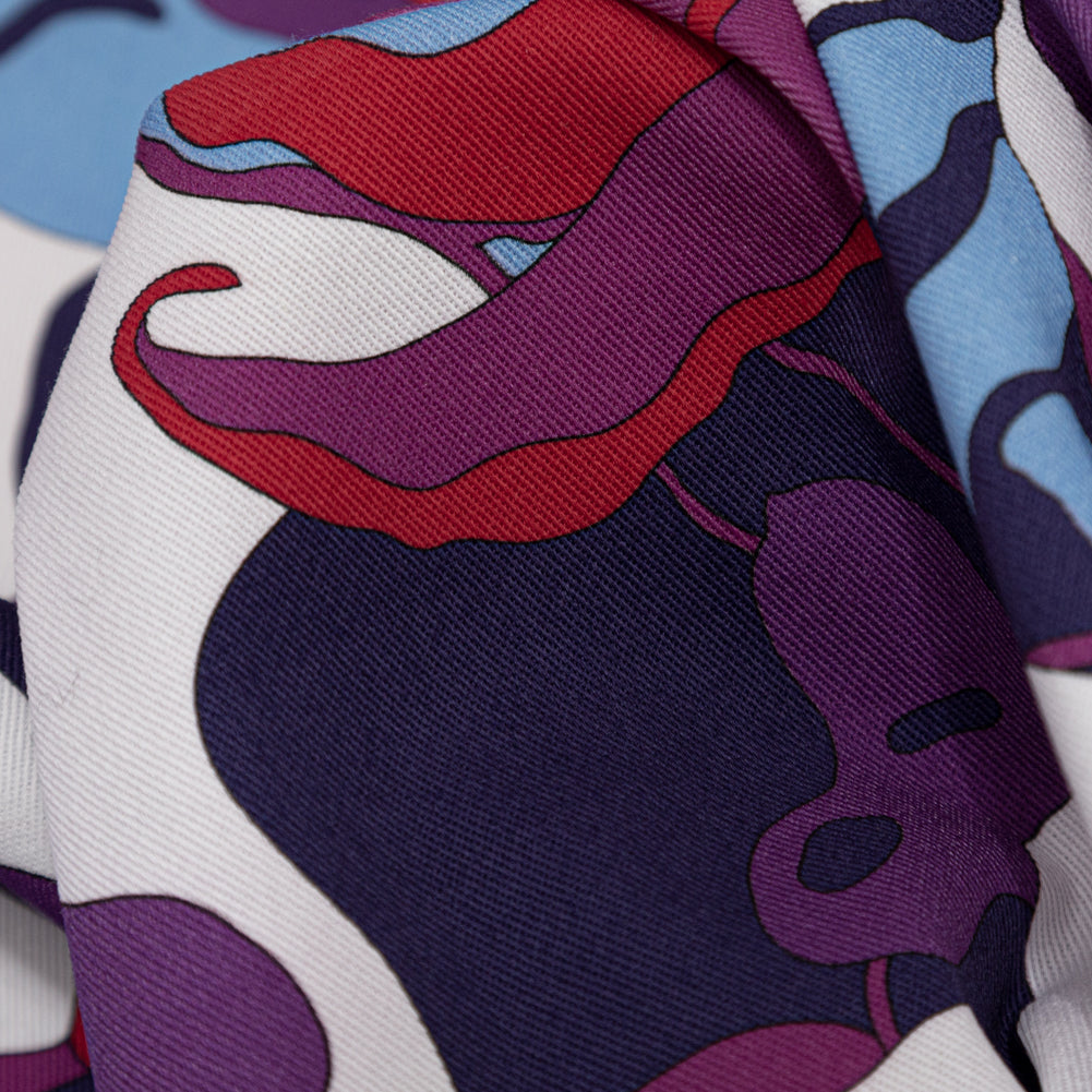 Italian Heliotrope, Flame Scarlet and Azure Blue Alyssum Floral Stretch Cotton Twill Detail Italian Heliotrope, Flame Scarlet and Azure Blue Alyssum Floral Stretch Cotton Twill Detail