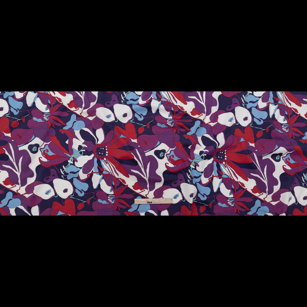 Italian Heliotrope, Flame Scarlet and Azure Blue Alyssum Floral Stretch Cotton Twill Full Italian Heliotrope, Flame Scarlet and Azure Blue Alyssum Floral Stretch Cotton Twill Full