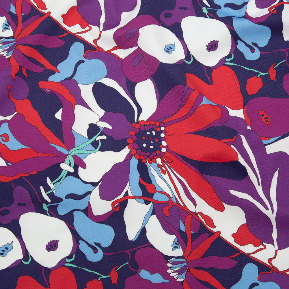 Italian Heliotrope, Flame Scarlet and Azure Blue Alyssum Floral Stretch Cotton Twill Italian Heliotrope, Flame Scarlet and Azure Blue Alyssum Floral Stretch Cotton Twill