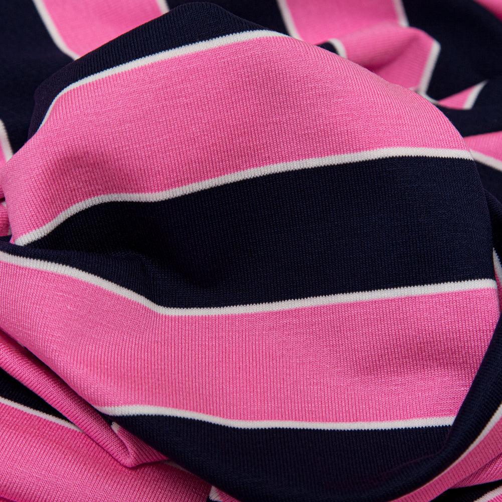 Wild Orchid and Evening Blue Awning Striped Polyester Jersey Detail Wild Orchid and Evening Blue Awning Striped Polyester Jersey Detail