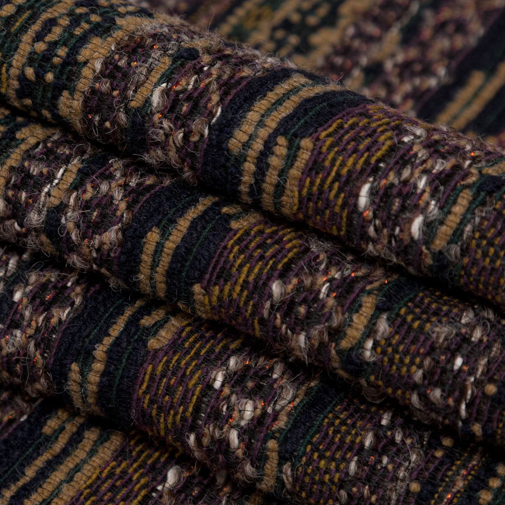 Dull Gold, Italian Plum and Hunter Green Striped Wool Tweed with Metallic Bronze Accents Folded Dull Gold, Italian Plum and Hunter Green Striped Wool Tweed with Metallic Bronze Accents Folded