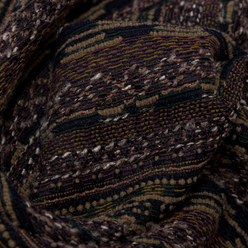 Dull Gold, Italian Plum and Hunter Green Striped Wool Tweed with Metallic Bronze Accents Detail Dull Gold, Italian Plum and Hunter Green Striped Wool Tweed with Metallic Bronze Accents Detail