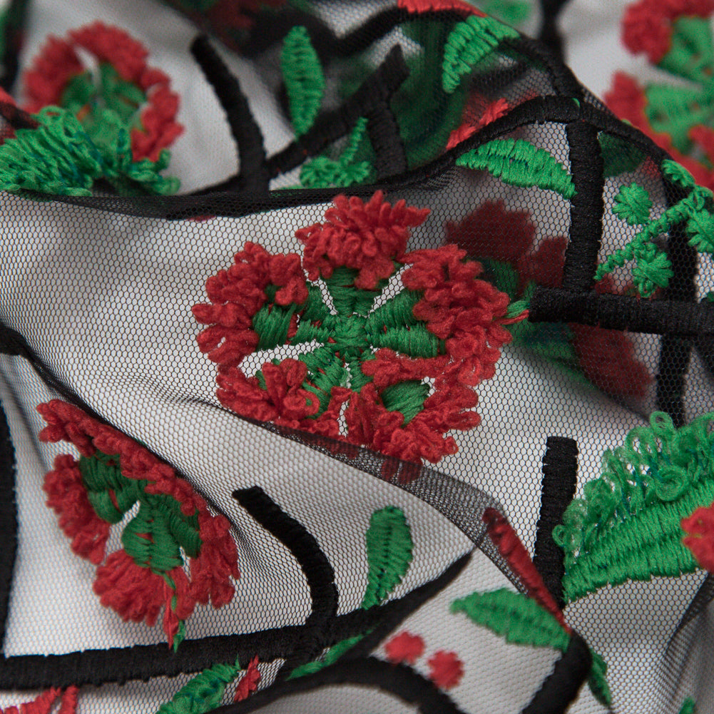 Famous NYC Designer Goji Berry and Jolly Green 3D Gridded Floral Lace with Scalloped Edges Detail Famous NYC Designer Goji Berry and Jolly Green 3D Gridded Floral Lace with Scalloped Edges Detail