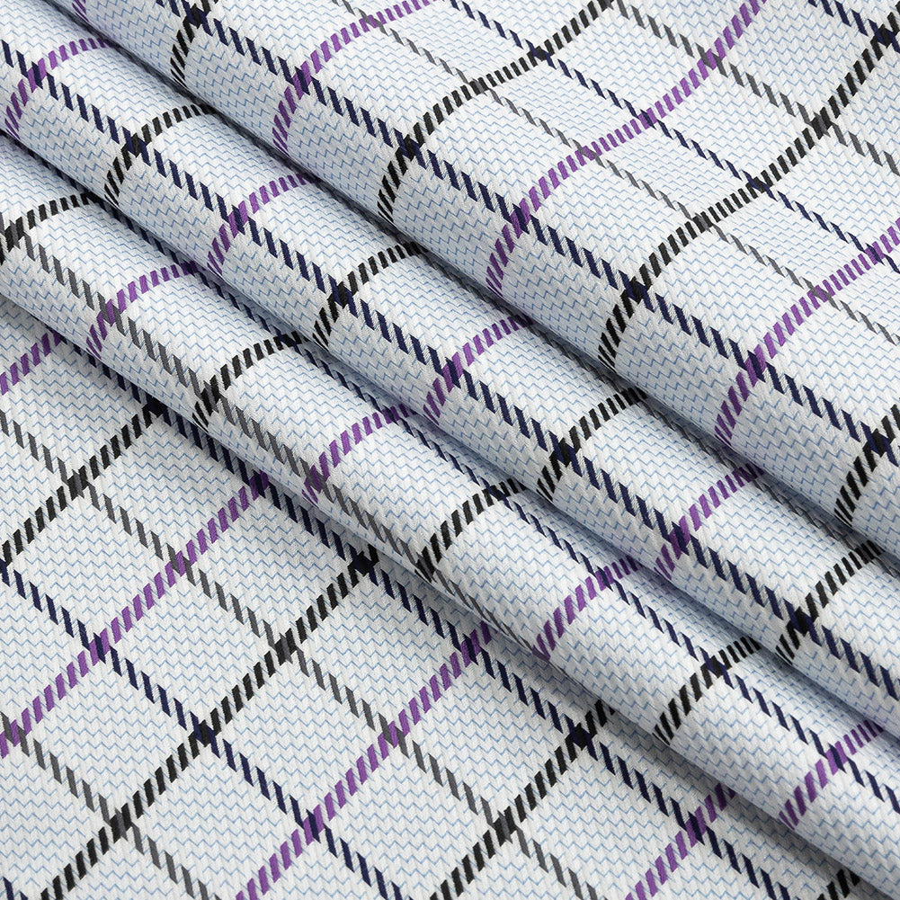 Premium Purple, Black and White Checks and Zig Zags Cotton Dobby Shirting Folded Premium Purple, Black and White Checks and Zig Zags Cotton Dobby Shirting Folded