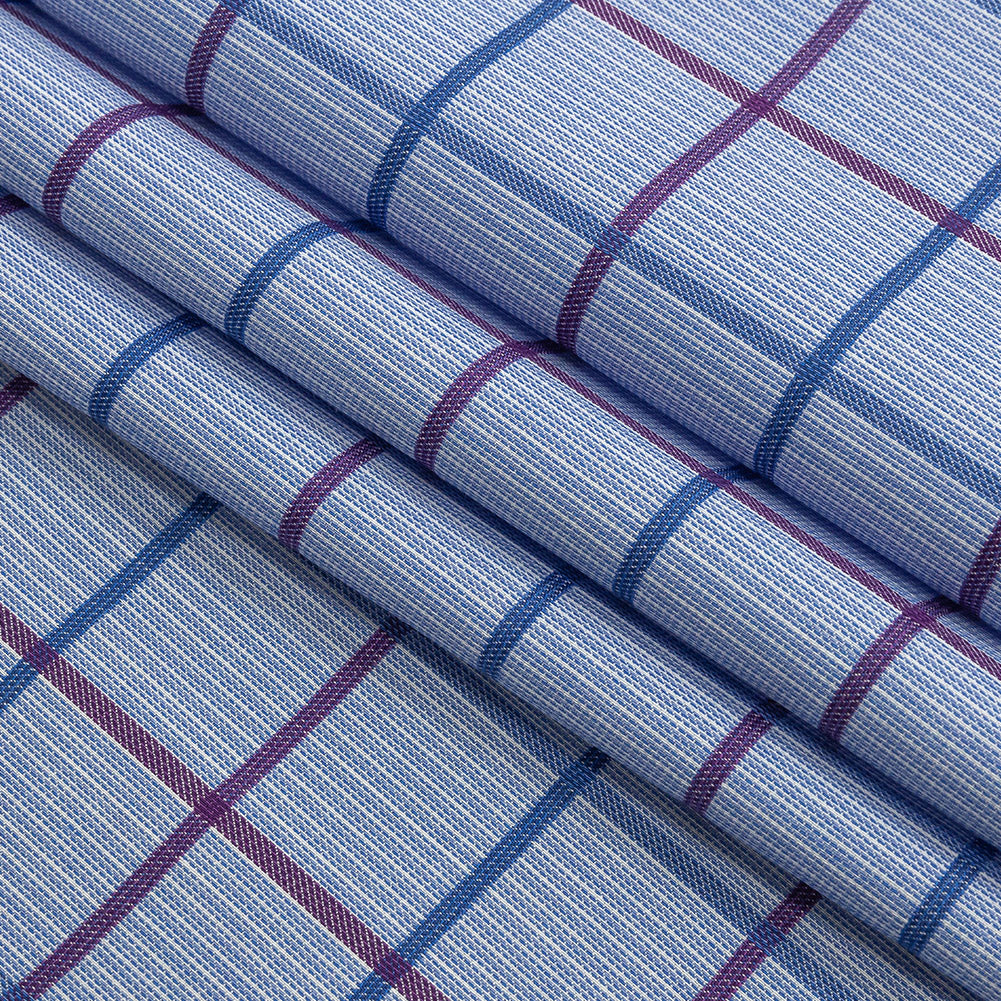 Premium Medium Blue, Maroon and Meadow Violet Tattersall Checkered and Pinstripes Cotton Shirting Folded Premium Medium Blue, Maroon and Meadow Violet Tattersall Checkered and Pinstripes Cotton Shirting Folded