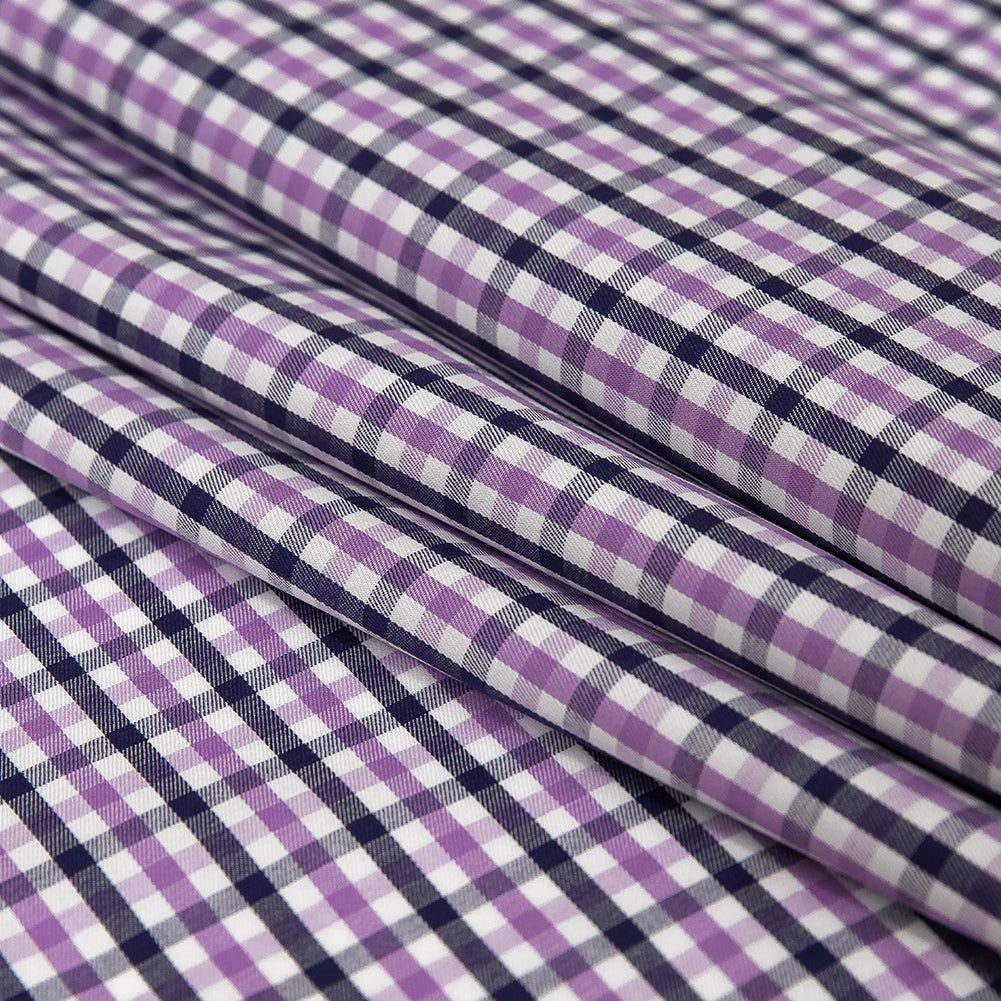 Premium Deep Wisteria and Navy Tattersall Checkered Cotton Shirting Folded Premium Deep Wisteria and Navy Tattersall Checkered Cotton Shirting Folded
