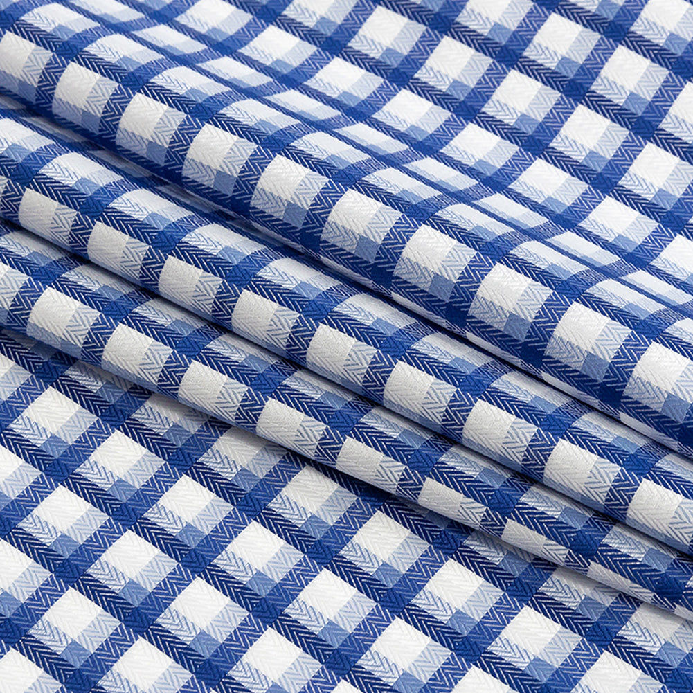 Premium Baja Blue and Hydrangea Shadow Check and Chevron Cotton Dobby Shirting Folded Premium Baja Blue and Hydrangea Shadow Check and Chevron Cotton Dobby Shirting Folded