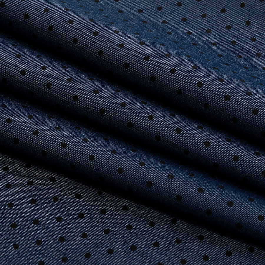 Premium Denim and Black Printed Polka Dots Cotton Shirting Folded Premium Denim and Black Printed Polka Dots Cotton Shirting Folded