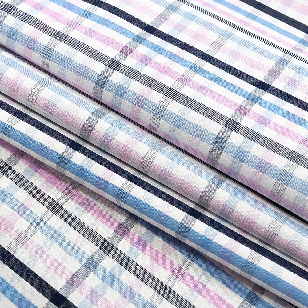 Premium Sky Blue, Candy Pink and White Plaid Cotton Shirting Folded Premium Sky Blue, Candy Pink and White Plaid Cotton Shirting Folded