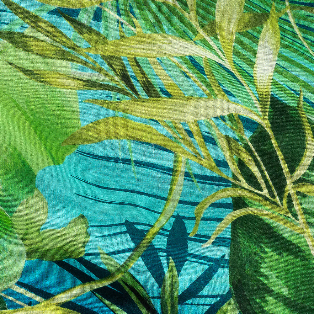 Mood Exclusive Italian Green and Blue Ferns and Foliage Digitally Printed Silk Chiffon Detail Mood Exclusive Italian Green and Blue Ferns and Foliage Digitally Printed Silk Chiffon Detail