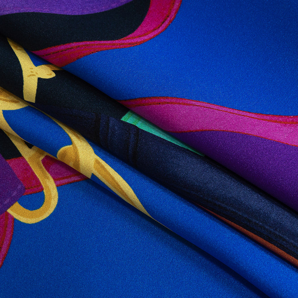 Mood Exclusive Italian Royal Blue, Orange and Gold Chains and Purse Straps Digitally Printed Silk Charmeuse Folded Mood Exclusive Italian Royal Blue, Orange and Gold Chains and Purse Straps Digitally Printed Silk Charmeuse Folded