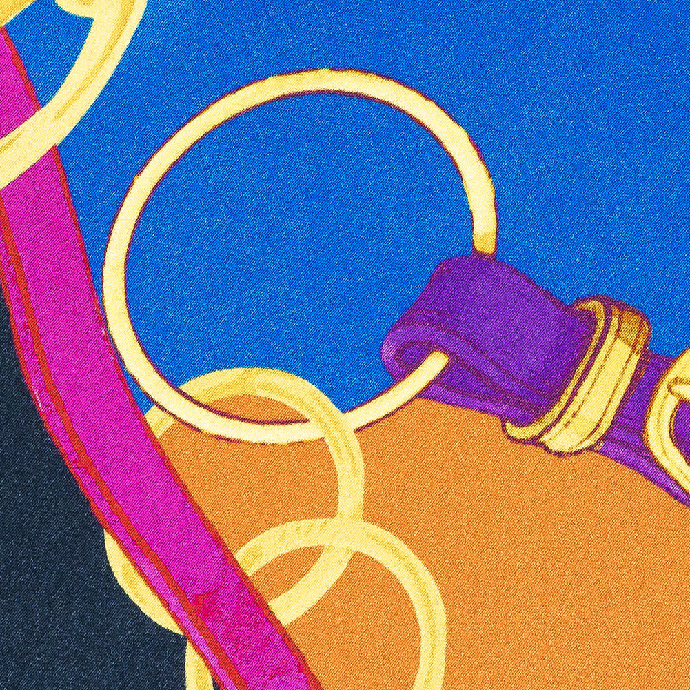 Mood Exclusive Italian Royal Blue, Orange and Gold Chains and Purse Straps Digitally Printed Silk Charmeuse Detail Mood Exclusive Italian Royal Blue, Orange and Gold Chains and Purse Straps Digitally Printed Silk Charmeuse Detail