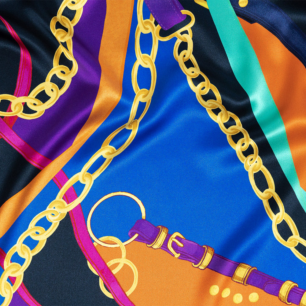 Mood Exclusive Italian Royal Blue, Orange and Gold Chains and Purse Straps Digitally Printed Silk Charmeuse Mood Exclusive Italian Royal Blue, Orange and Gold Chains and Purse Straps Digitally Printed Silk Charmeuse